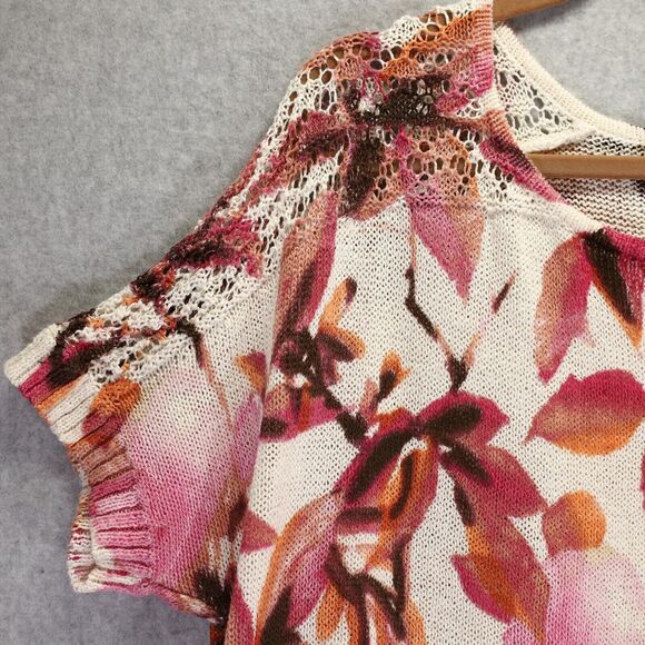 Chicos Sweater 2 Womens Large Ivory Pink Floral Cotton Knit Cap Sleeve Oversized - Picture 11 of 14